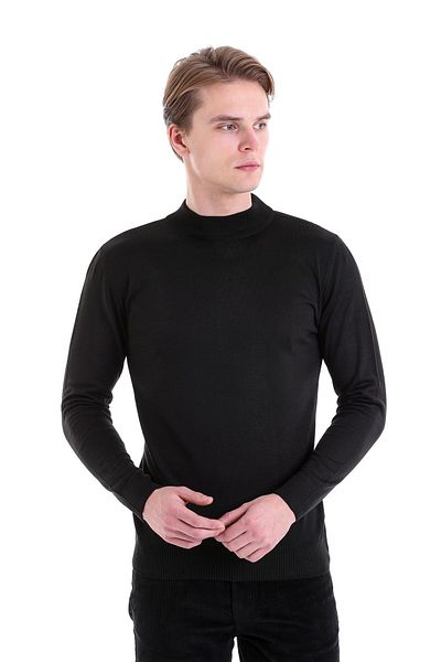 Hatemoğlu Black Regular Fit Plain Half Turtleneck Wool Knitwear Sweater