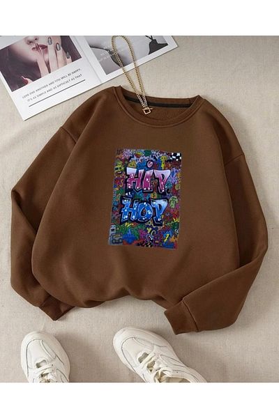 Serays moda Кафяв суитшърт с хип-хоп принт за момичета и момчета