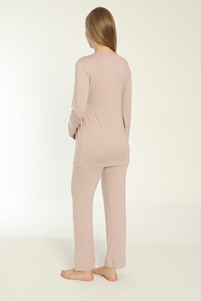Miss Dünya Lissa Süt Kahve Emzirmeye Uygun Uzun Kol Lohusa Ve Hamile Pijama Takımı