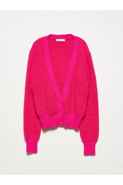 Dilvin 60173 V-Neck Knitwear Cardigan-fuchsia