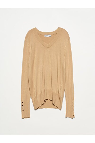 Dilvin Πουλόβερ με μανίκια 2443 V λαιμόκοψη-μπεζ