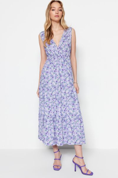 فستان ماكسي منسوج على شكل زهرة أرجوانية بدون أكمام ورقبة على شكل حرف V TWOSS22EL1588