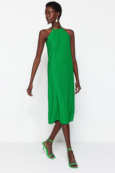 Trendyol Collection Grünes Etuikleid/einfarbiges, ärmelloses Midi-Strickkleid mit Falten TWOSS23EL00752