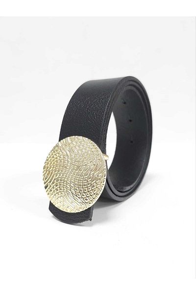 Kemerix 100% Genuine Leather Women's Black Belt with Gold Buckle