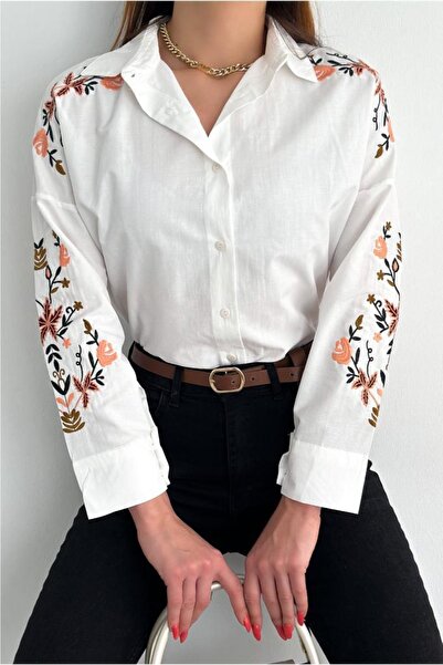 FEMELLE Cămașă albă cu broderie de flori, cu umăr negru, pentru femei