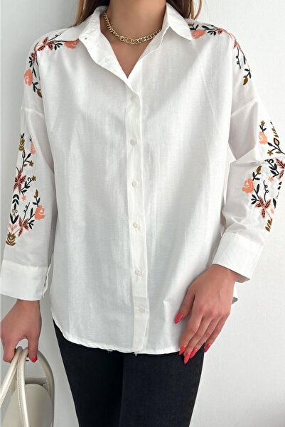 FEMELLE Cămașă albă cu broderie de flori, cu umăr negru, pentru femei