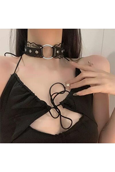 oldskoolbutik Gothic Dantel Detaylı Halka Tokalı Siyah Deri Tasma Choker Kolye