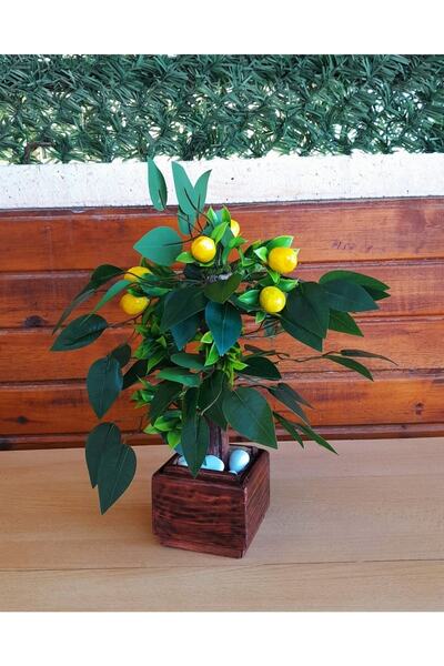 YEŞİLADA Yapay Mini Limon Ağacı 30 Cm Boy Limon Ahşap Saksıda Minyatür Ağaç