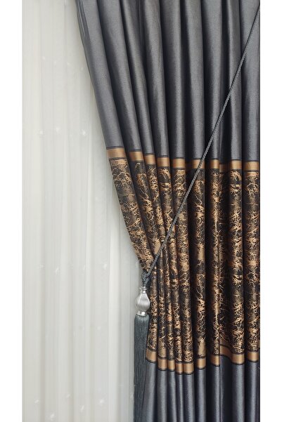 Yuka Pano Fon Perde Açık Gri Altın Sarı Tek Kanat Sık Pileli Jakarlı Parlak D...