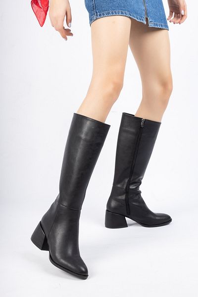 PASSAGE SHOES 7007 Μαύρες δερμάτινες μπότες με χοντρό τακούνι με φερμουάρ