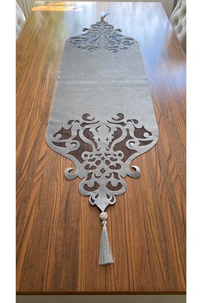 NURHAN HOME COLLECTION Runner de masă din tul din piatră neagră de culoare argintie - model coroană