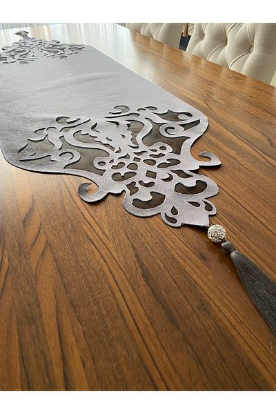 NURHAN HOME COLLECTION Runner de masă din tul din piatră neagră de culoare argintie - model coroană