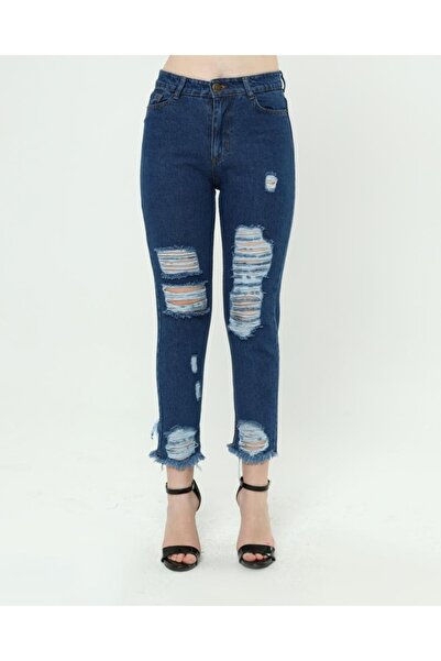 SHEVEGA Navy Blue Ripped Mom Jean Women's Jeans