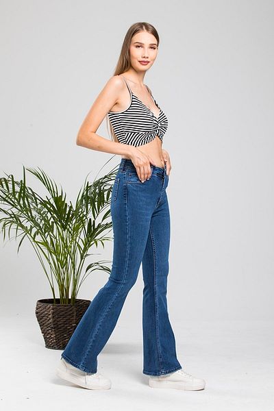 DRC trend Blugi de damă Grassi, albastru închis, cu picioare evazate, pantaloni din denim din lycra cu talie înaltă