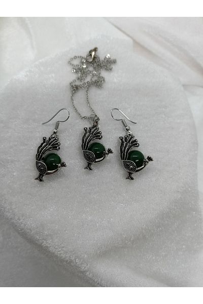 BalıkHediyelik Margazite Stone Necklace Earring Set-mdl-5005 Peacock Model