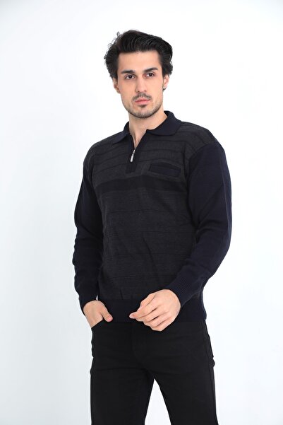 KMKkombin Батьківський светр з коміром на блискавці, з лініями, з однією кишенею, осінньо-зимовий, товстий, чоловічий