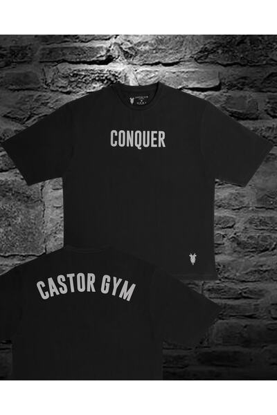 Oversize Spor/gym T-shirt Conquer Ön Baskı Marka Slogan Arka Yay Şekil Baskı