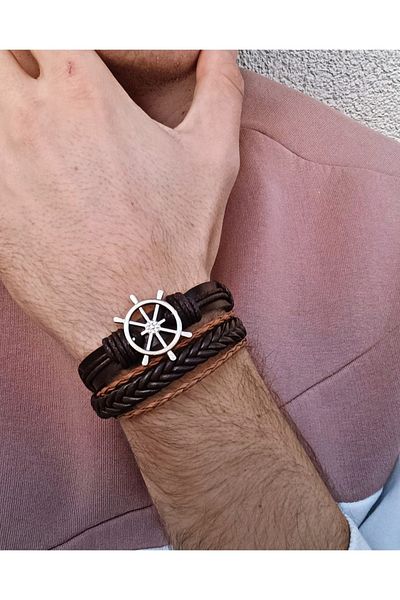 BSN Rudder Symbol 2 Pieces Genuine Leather Bracelet