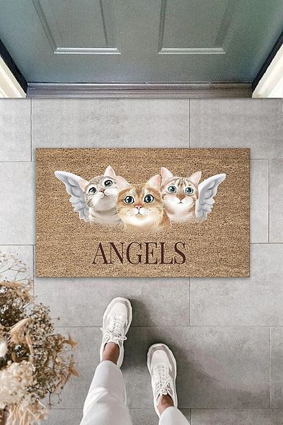 Pazarova Digital Printing Angels Cat Patterned Decorative Interior and Exterior Door Mat