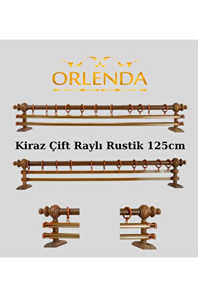 Orlenda Ahşap Başlıklı Alminyum Boru Rustik Perde Askısı Çift Raylı 125 Cm