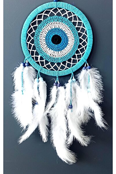 Mixperi Nazar Boncuğu Motifli Turkuaz Rengi Dream Catcher Beyaz Kuş Tüylü Düş Kapanı Duvar Süsü