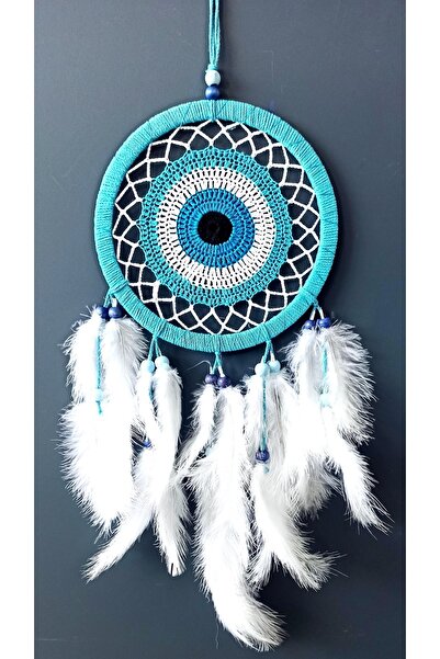 Mixperi Nazar Boncuğu Motifli Turkuaz Rengi Dream Catcher Beyaz Kuş Tüylü Düş Kapanı Duvar Süsü