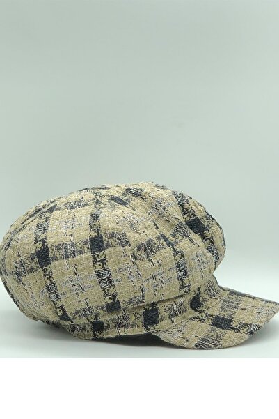 Hoppe Kışlık Kadın Bejli Siyahlı Ekoseli Kasket Şapka Baretta