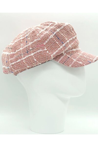 Hoppe Kadın Kışlık Pembe Ekoseli Yünlü Kasket Baretta Şapka