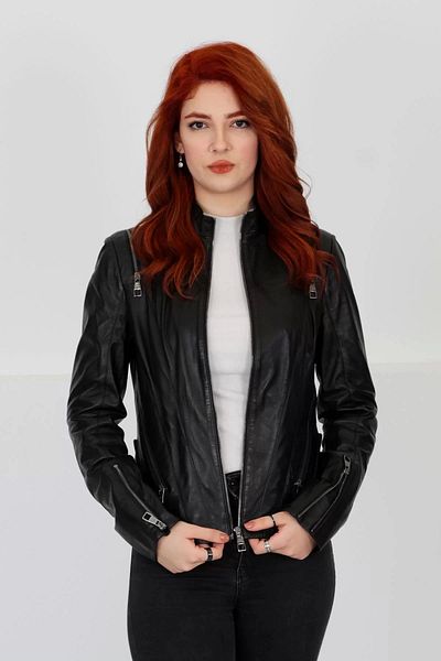 By Marki Marki Sporty Leather Jacket, Genuine Black Leather Jacket, Fit Cut, Women's High Collar Coat, Zipper Detail-102822