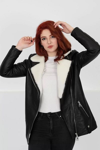 By Marki Marki Genuine Leather Jacket Genuine Fur Coat Women's Leather Fur Detailed Jacket 102422