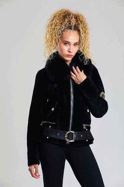 By Marki Marki Astragan with Fur Collar, Leather Coat with Belt Detail, Black Leather Coat, Stylish Design-11108808