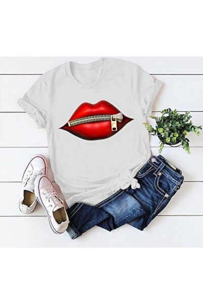 Esinty Tricou de damă din bumbac cu imprimeu cu buze albe, 65 cm