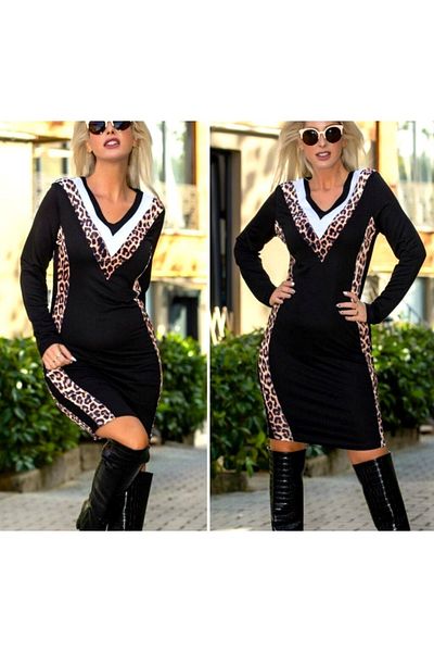 merlavin Rochie de damă, cu garnitură leopard, cu decolteu în V, din viscoză, cu două fire