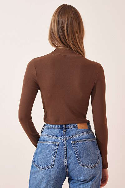 Happiness İstanbul Braune, schnurgebundene Rollkragen-Strickbluse für Damen GT00059