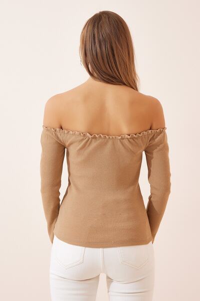 Happiness İstanbul Γυναικεία πλεκτή μπλούζα με μπισκότο Gathered Collar Crop AH00105