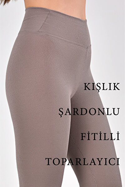 Kadın Fitilli Şardonlu, Içi Polarlı Yüksek Bel Toparlayıcı Vizon Interlok Örme Tayt