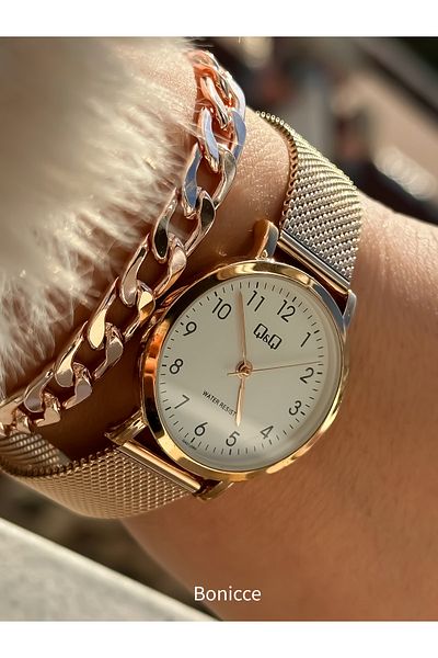 Q&Q Brand Steel Mesh Strap, Waterproof, Rose Color Women's Wristwatch + bracelet