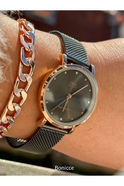 Q&Q Brand Steel Mesh Strap, Waterproof, Smoked Color Women's Wristwatch + bracelet