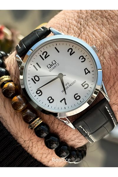 Q&Q Black Leather Strap Waterproof, 2 Year Warranty, Numeral Dial Men's Wristwatch