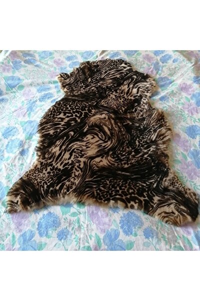 Butik Tülin Otantik Hakiki Koyun Postu Bej Siyah Leopar Çizgi Baskılı Asimetr...