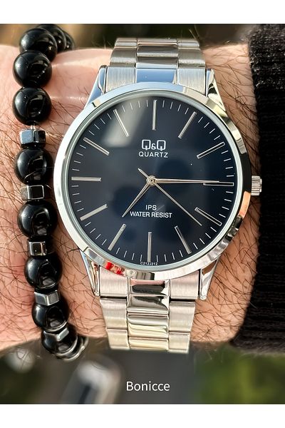 Q&Q Steel Cord Waterproof Silver Color Men's Wristwatch + bracelet