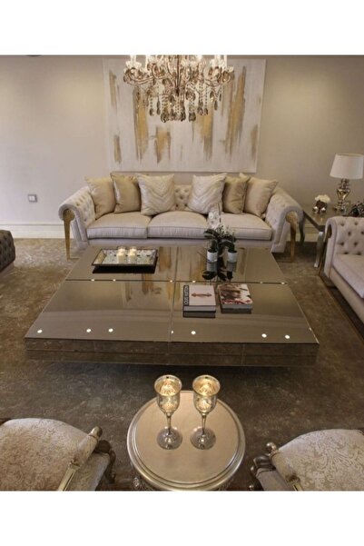 LUXURY VİLLA Luxury Bronz Aynalı Orta Sehpa 100x100 Yükseklik 30cm