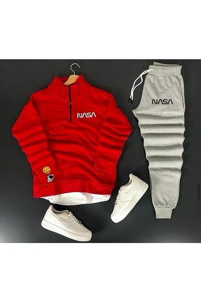 NewCabin Unisex Nasa Printed Half Zipper Black Sweat - Μαύρο βαμβακερό σετ φούτερ, τοπ, κάτω, 2 τεμαχίων