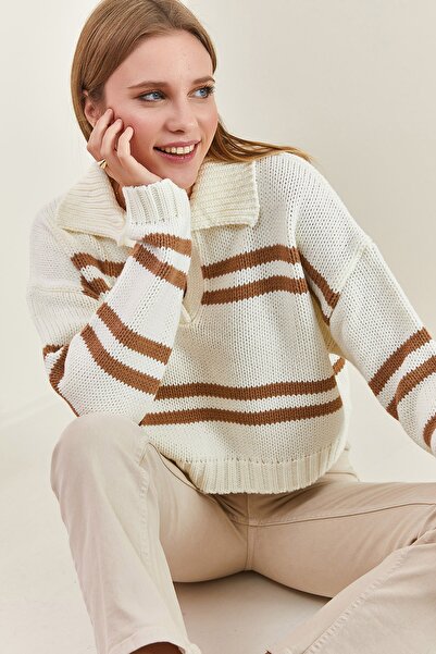 Bianco Lucci Dámský proužkovaný pletený svetr Polo s výstřihem