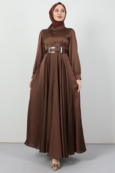 Giza Giyim Μπροστινό Πλισέ Hijab Βραδινό Φόρεμα Καφέ