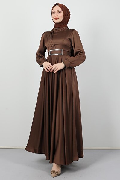 Giza Giyim Μπροστινό Πλισέ Hijab Βραδινό Φόρεμα Καφέ