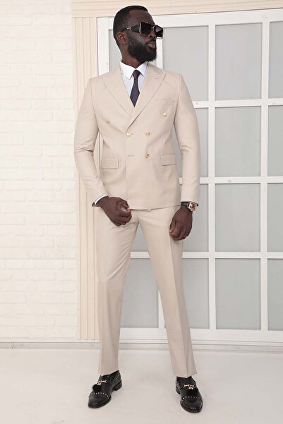 Dewsa Plus Sivri Yaka Metal Düğmeli Çift Yırtmaç Slim Fit Düz Bej Kruvaze Tak...