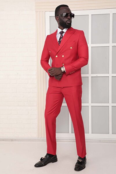 Dewsa Plus Sivri Yaka Metal Düğmeli Çift Yırtmaç Slim Fit Düz Kırmızı Kruvaze...