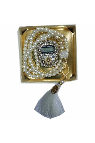 Hac Dünyası Kutulu Lüks Zikirmatik Inci Tesbih Seti Beyaz