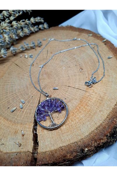 Lavinia Atelier Unisex Purple Amethyst Tree of Life Natural Stone Necklace